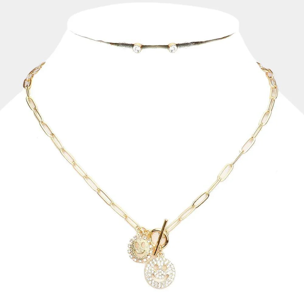 Gold Rhinestone Embellished Double Smile Pendant Toggle Necklace - Jewelry Store by Erik Rayo