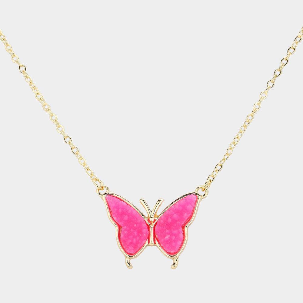 Pink Butterfly Druzy Pendant Necklace - Jewelry Store by Erik Rayo
