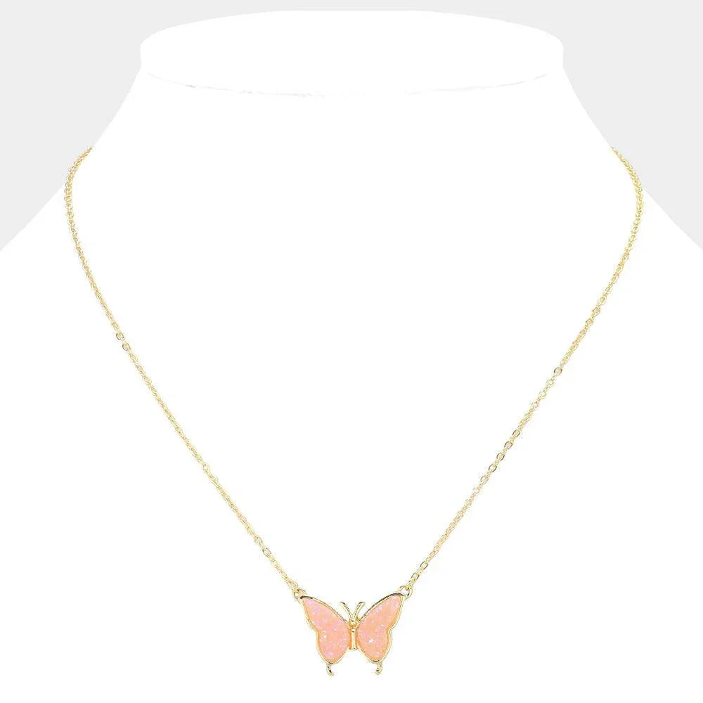 Pink Butterfly Druzy Pendant Necklace - Jewelry Store by Erik Rayo
