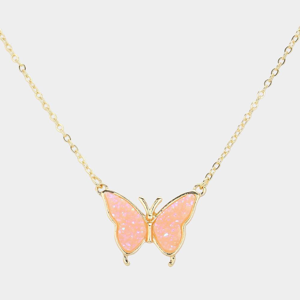 Pink Butterfly Druzy Pendant Necklace - Jewelry Store by Erik Rayo