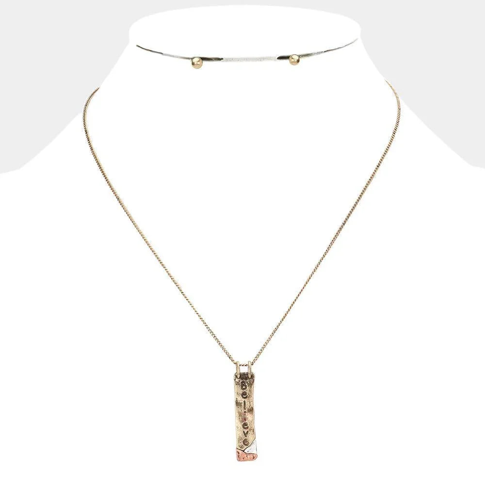 Gold "Believe" Hammered Metal Bar Pendant Necklace - Jewelry Store by Erik Rayo