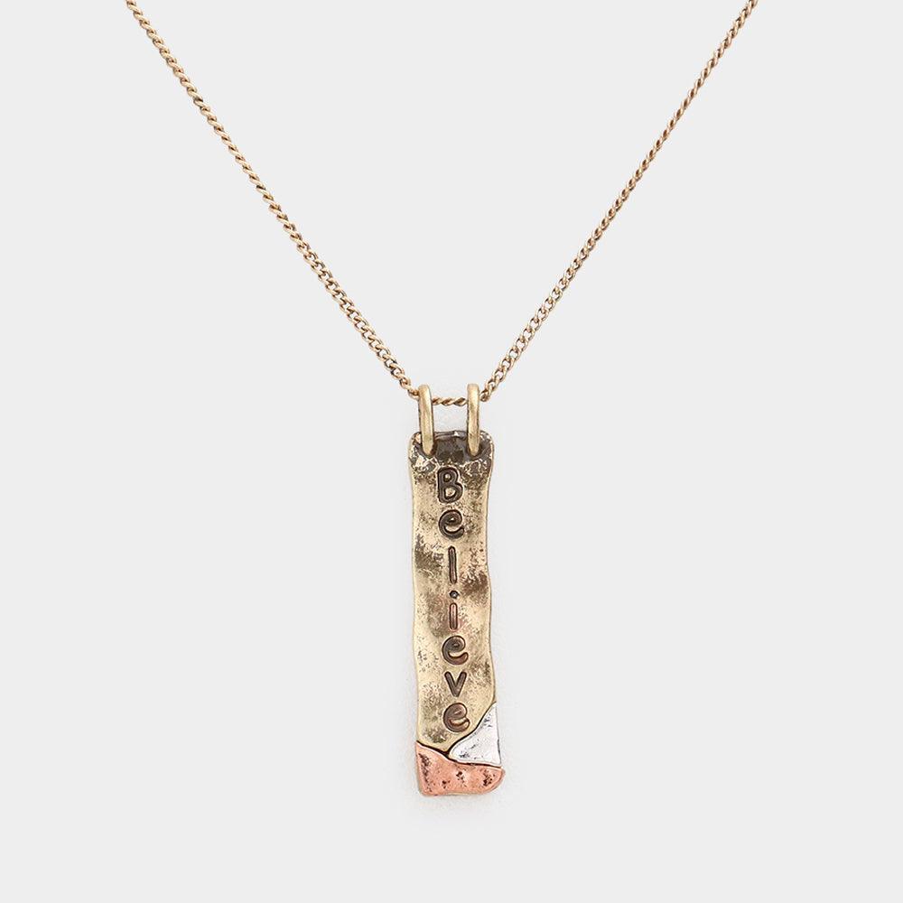 Gold "Believe" Hammered Metal Bar Pendant Necklace - Jewelry Store by Erik Rayo