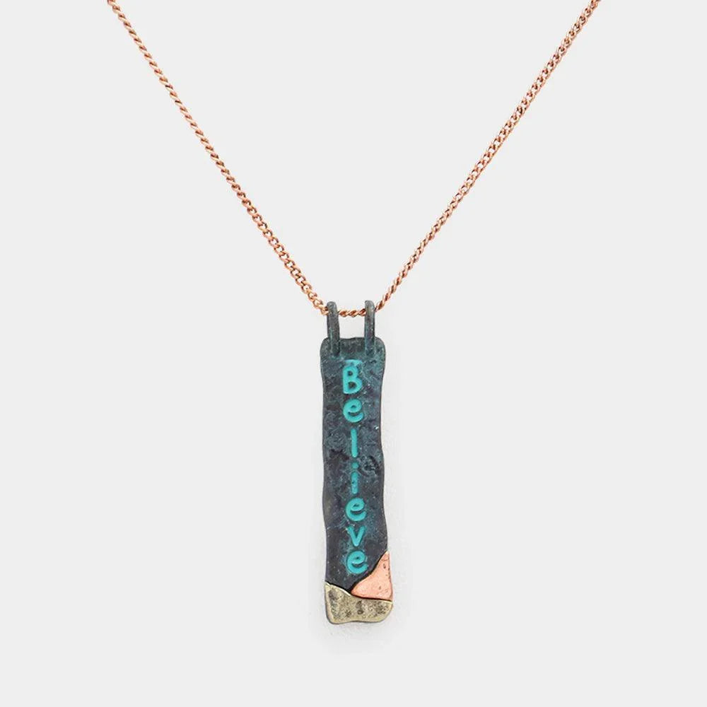 "Believe" Hammered Metal Bar Pendant Necklace - Jewelry Store by Erik Rayo