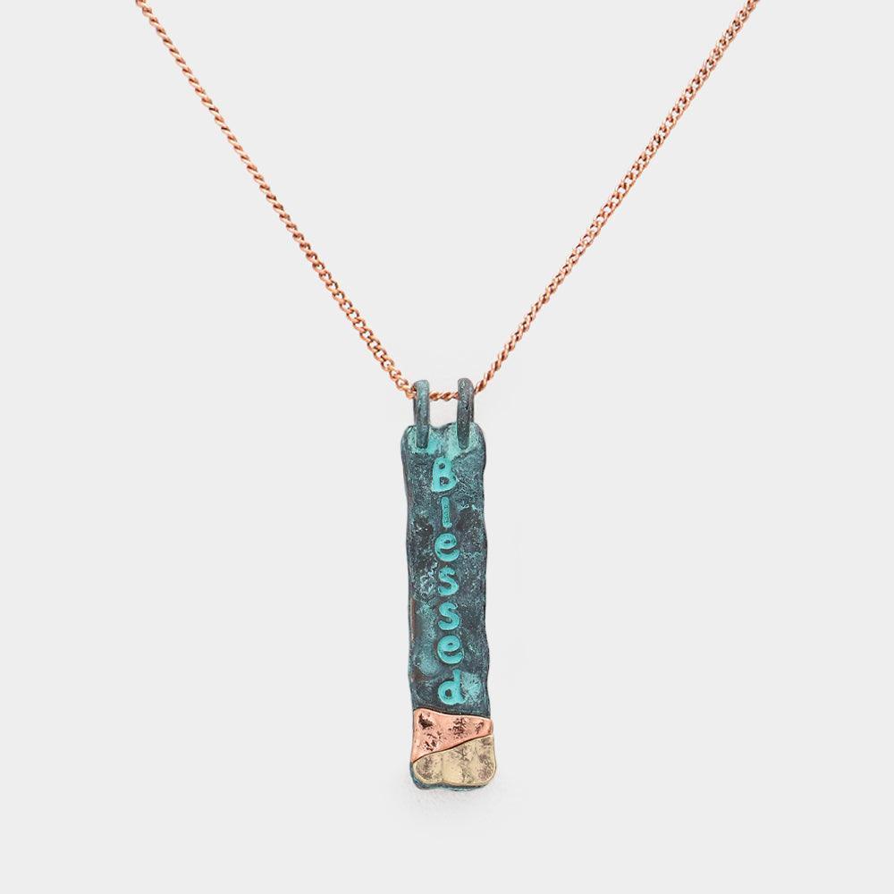 "Blessed" Hammered Metal Bar Pendant Necklace