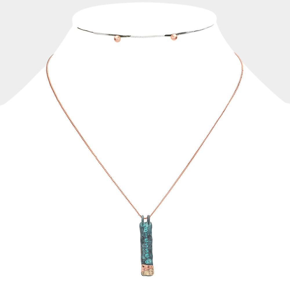"Blessed" Hammered Metal Bar Pendant Necklace