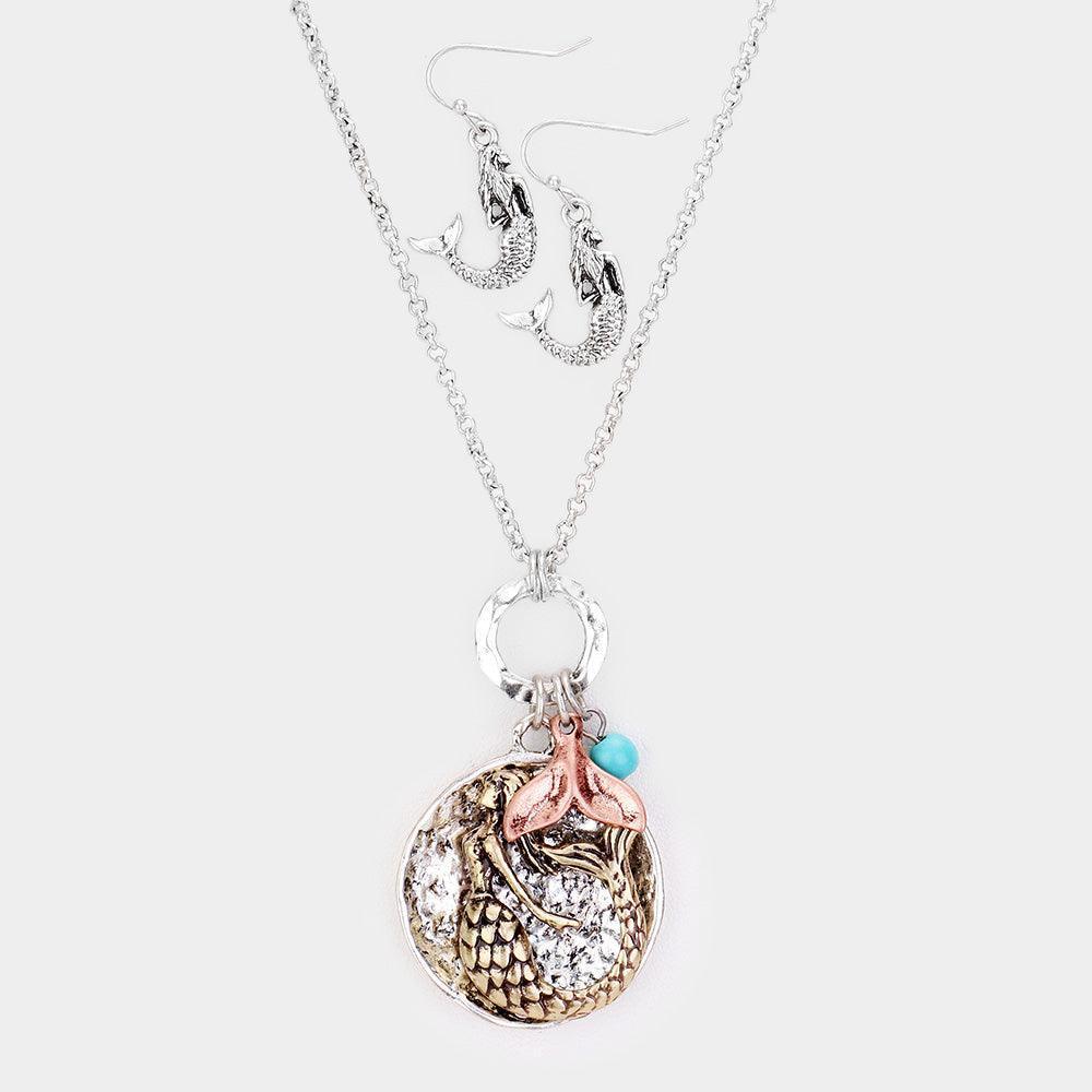 Silver Metal Mermaid Round Pendant Whale Tail Charm Necklace - Jewelry Store by Erik Rayo