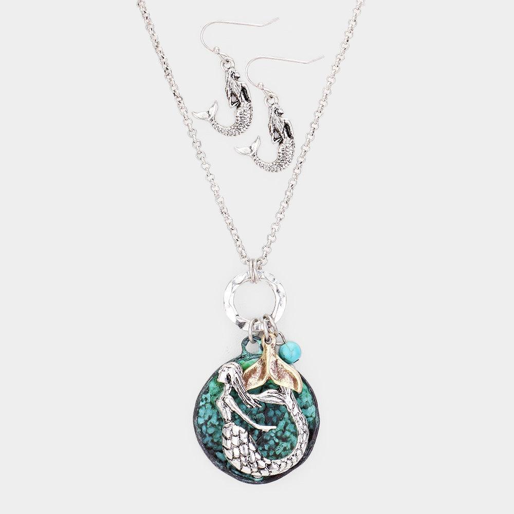 Silver Metal Mermaid Round Pendant Whale Tail Charm Necklace - Jewelry Store by Erik Rayo