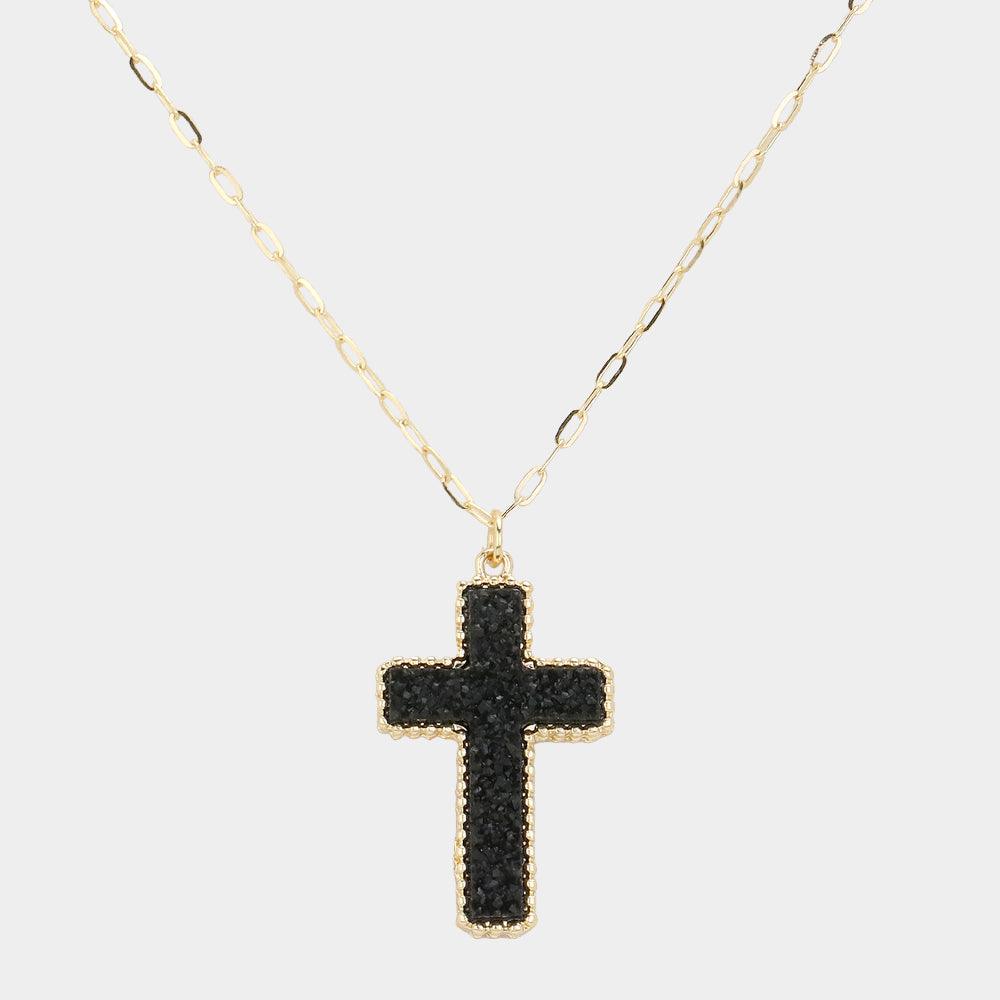 Black Druzy Cross Pendant Necklace