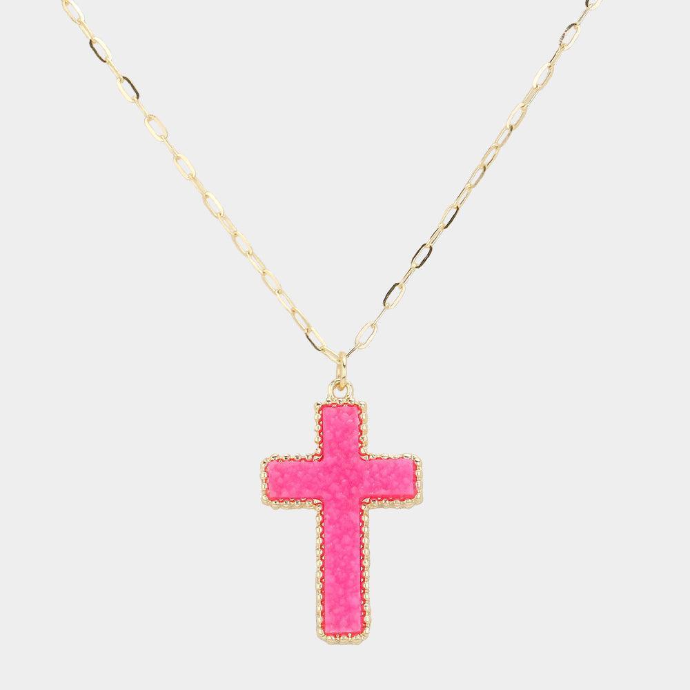 Pink Druzy Cross Pendant Necklace - Jewelry Store by Erik Rayo