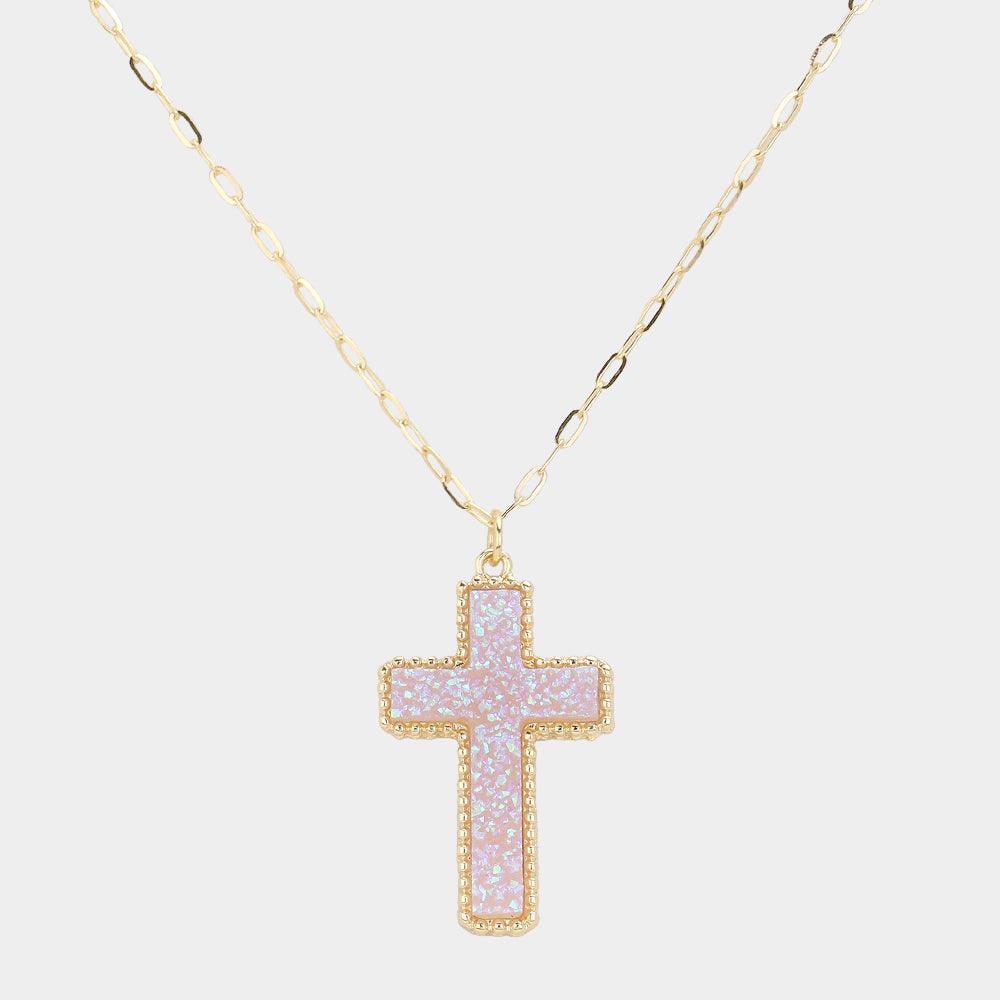 Lavender Druzy Cross Pendant Necklace