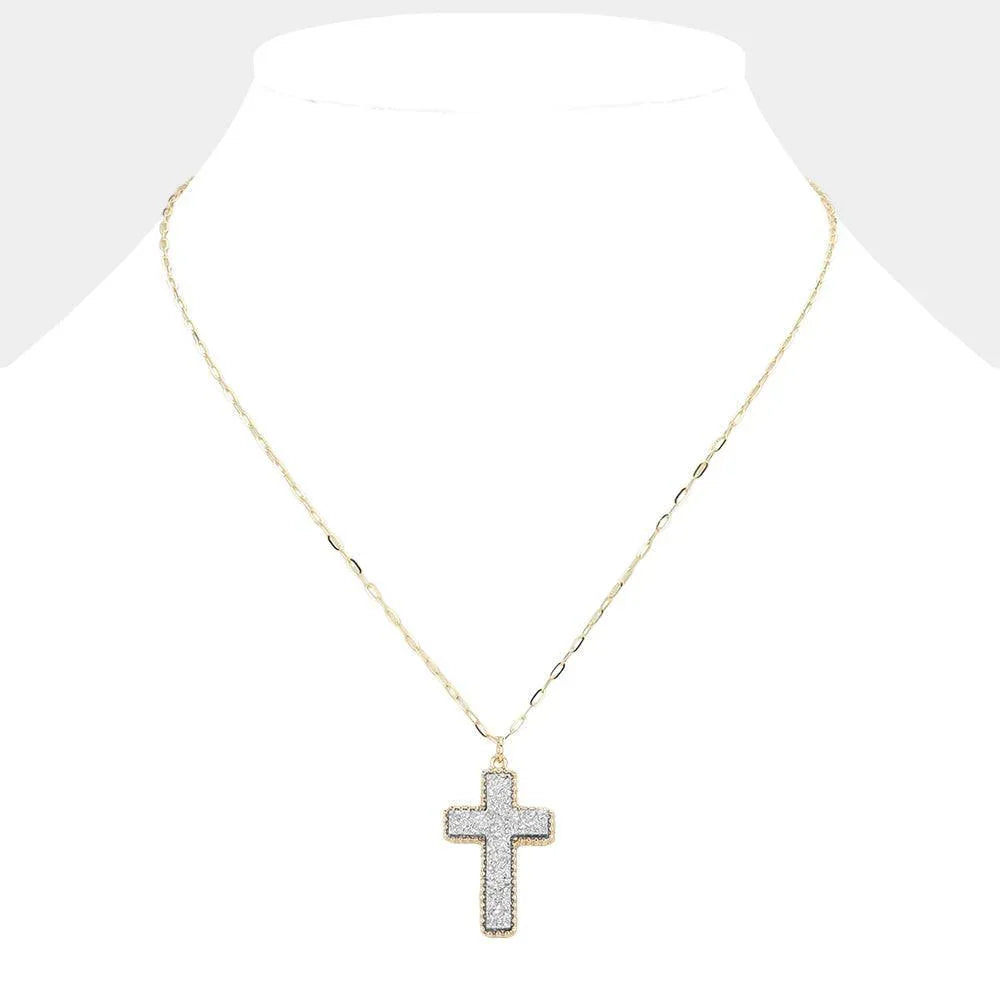 Silver Druzy Cross Pendant Necklace - Jewelry Store by Erik Rayo