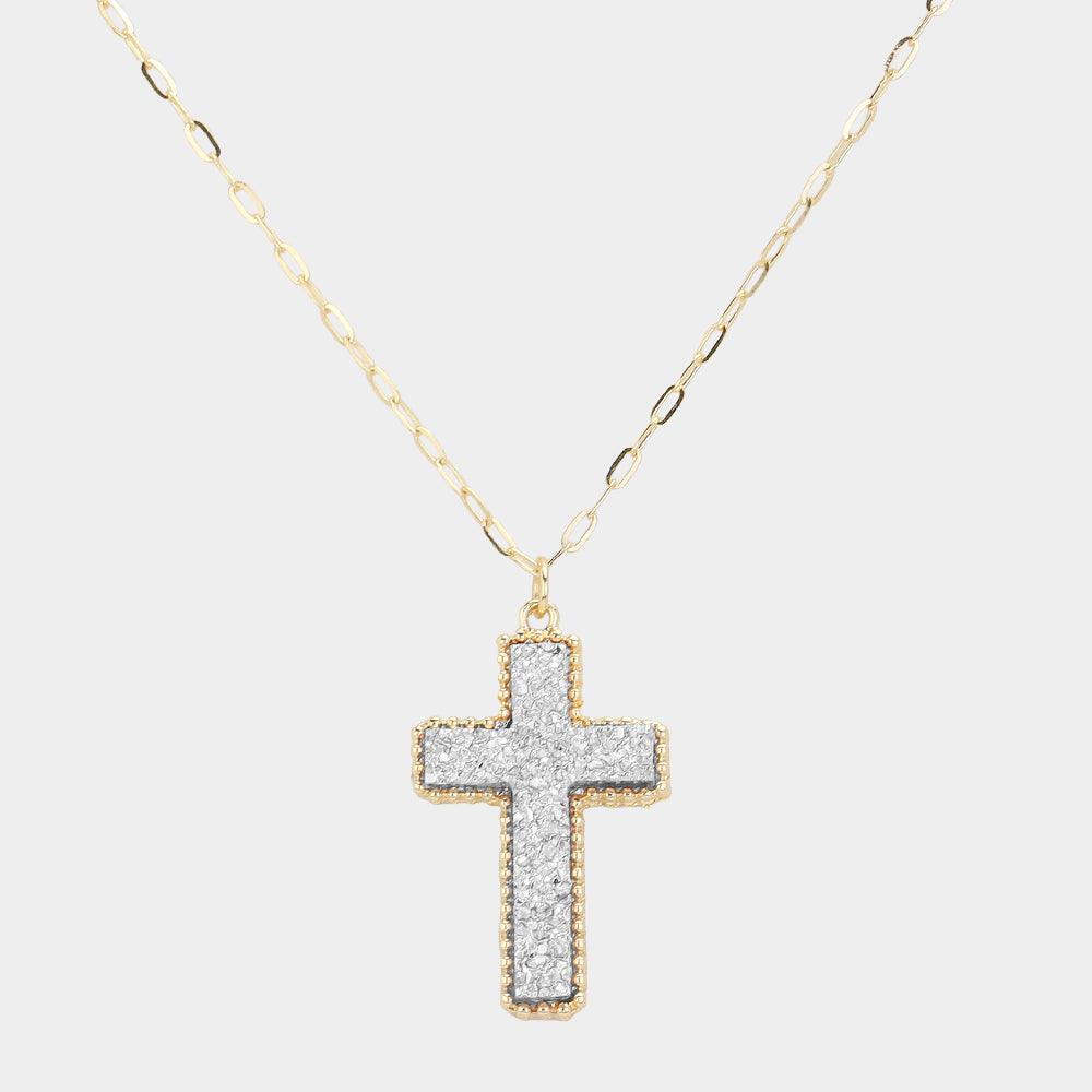 Silver Druzy Cross Pendant Necklace