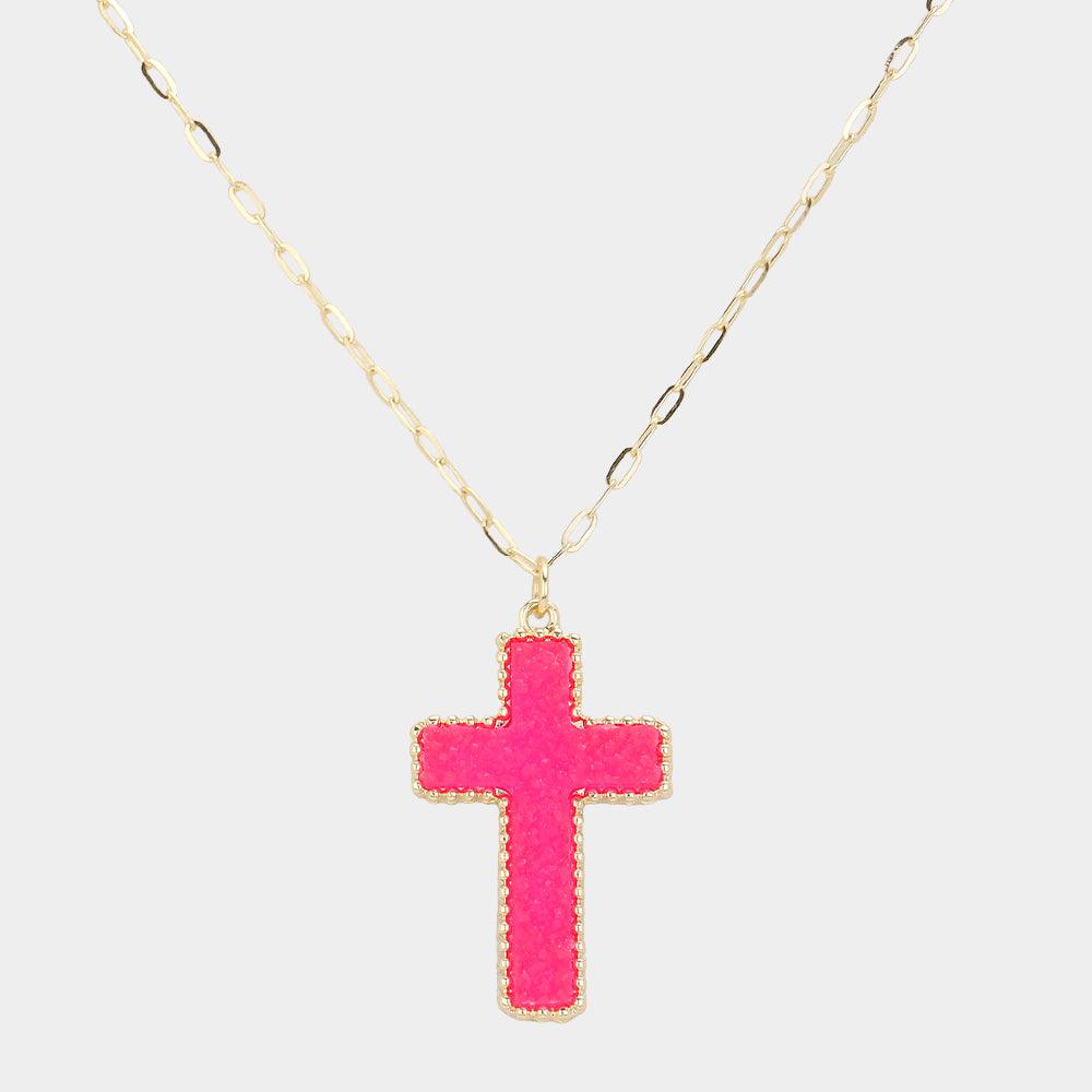 Red Druzy Cross Pendant Necklace