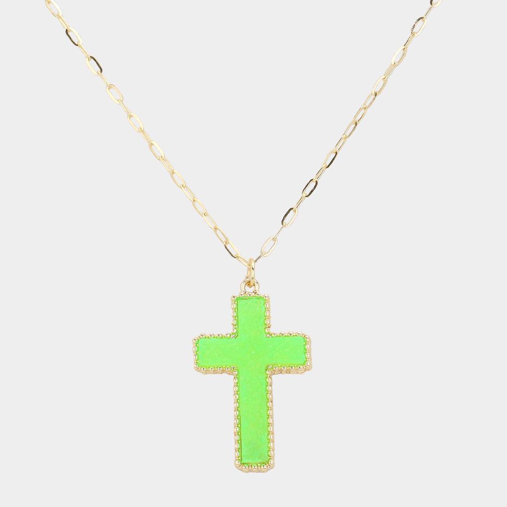 Green Druzy Cross Pendant Necklace