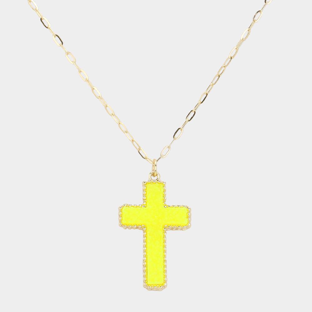 Yellow Druzy Cross Pendant Necklace