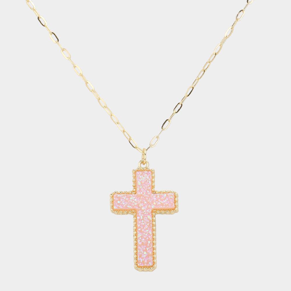 Pink Druzy Cross Pendant Necklace - Jewelry Store by Erik Rayo