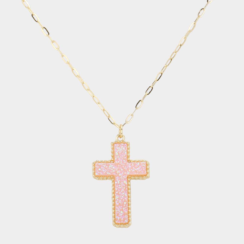 Pink Druzy Cross Pendant Necklace