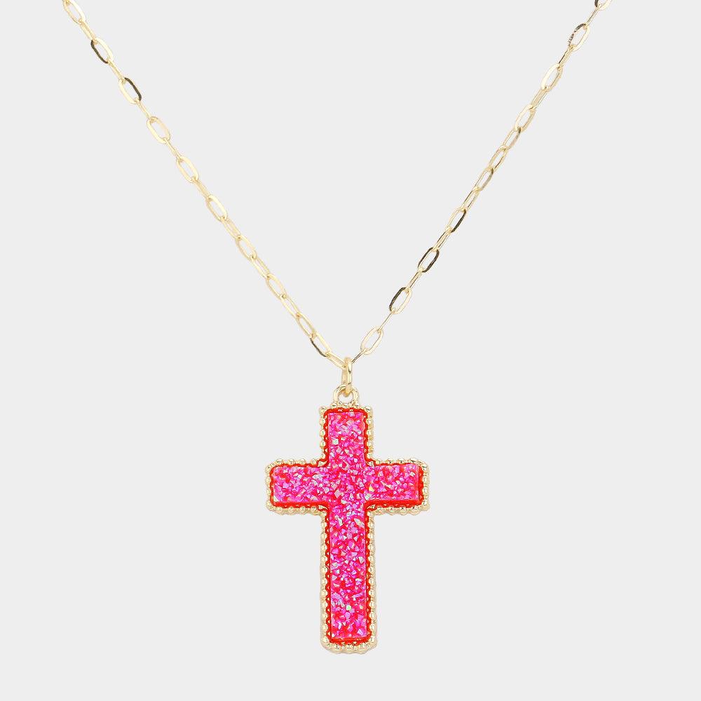 Red Druzy Cross Pendant Necklace