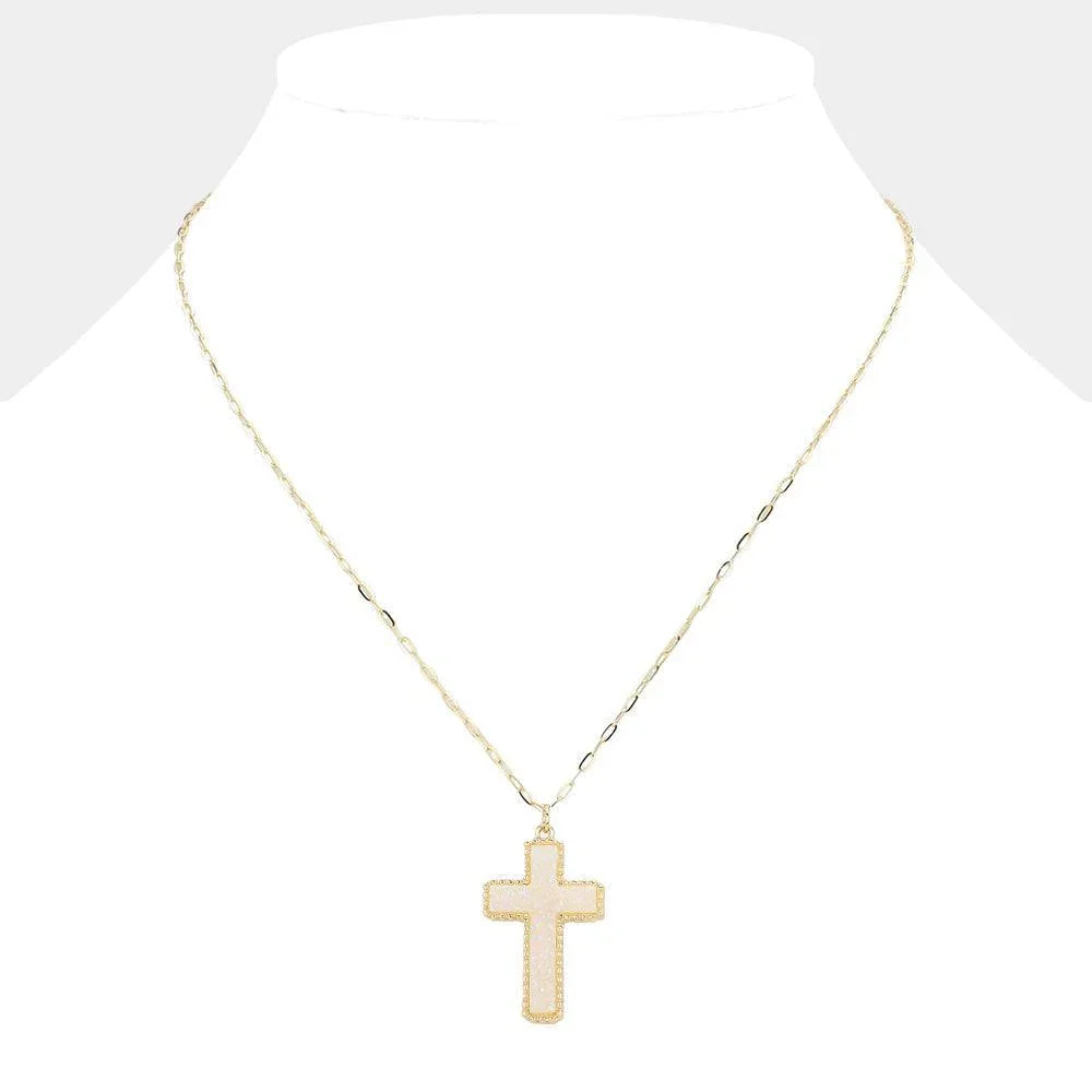 White Druzy Cross Pendant Necklace - Jewelry Store by Erik Rayo
