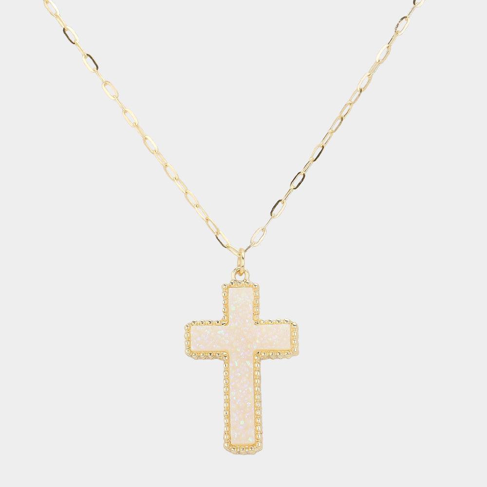 White Druzy Cross Pendant Necklace - Jewelry Store by Erik Rayo