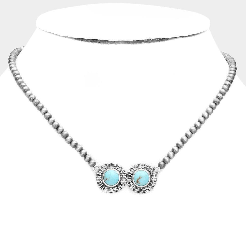 Turquoise Double Round Turquoise Accented Antique Metal Pendant Necklace - Jewelry Store by Erik Rayo