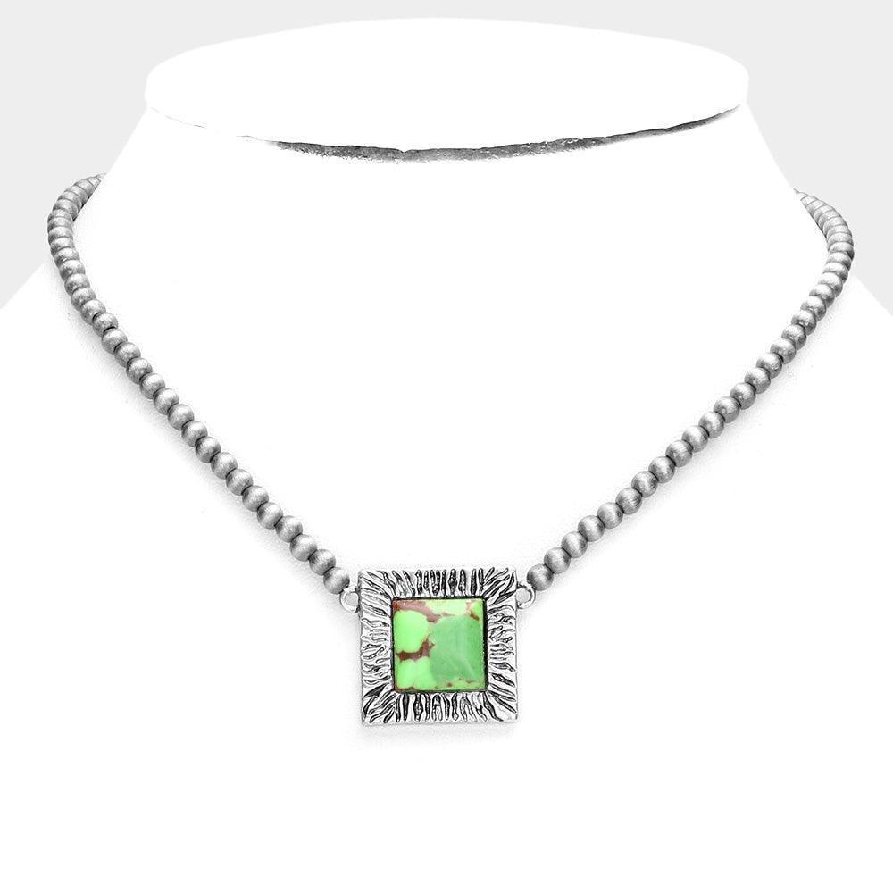 Green Square Natural Stone Accented Pendant Necklace - Jewelry Store by Erik Rayo