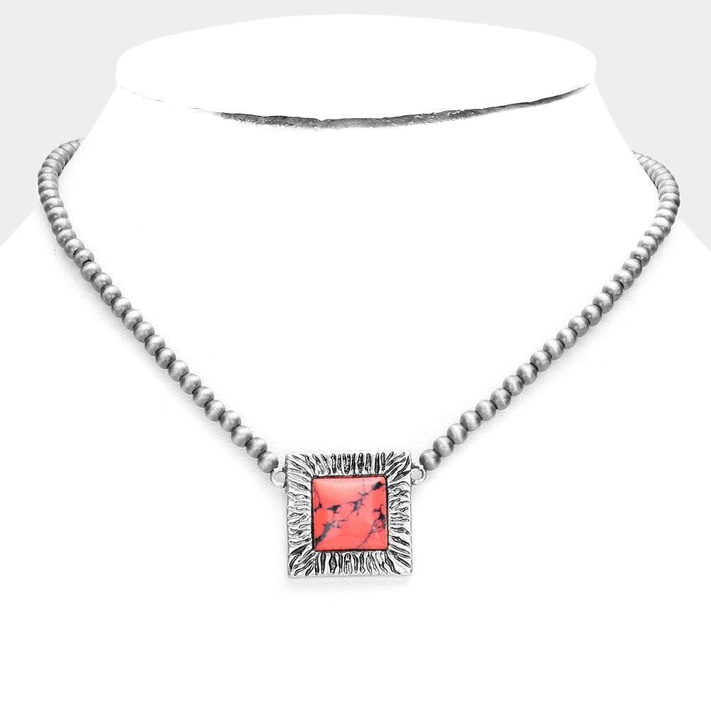 Red Square Natural Stone Accented Pendant Necklace - Jewelry Store by Erik Rayo