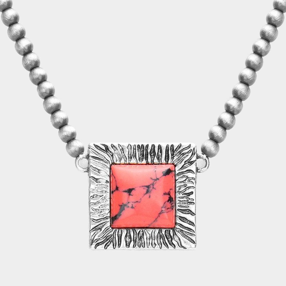 Red Square Natural Stone Accented Pendant Necklace - Jewelry Store by Erik Rayo