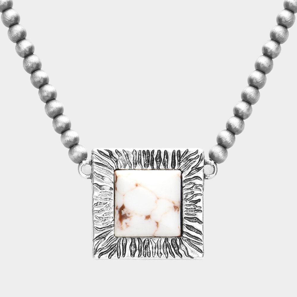 White Square Natural Stone Accented Pendant Necklace