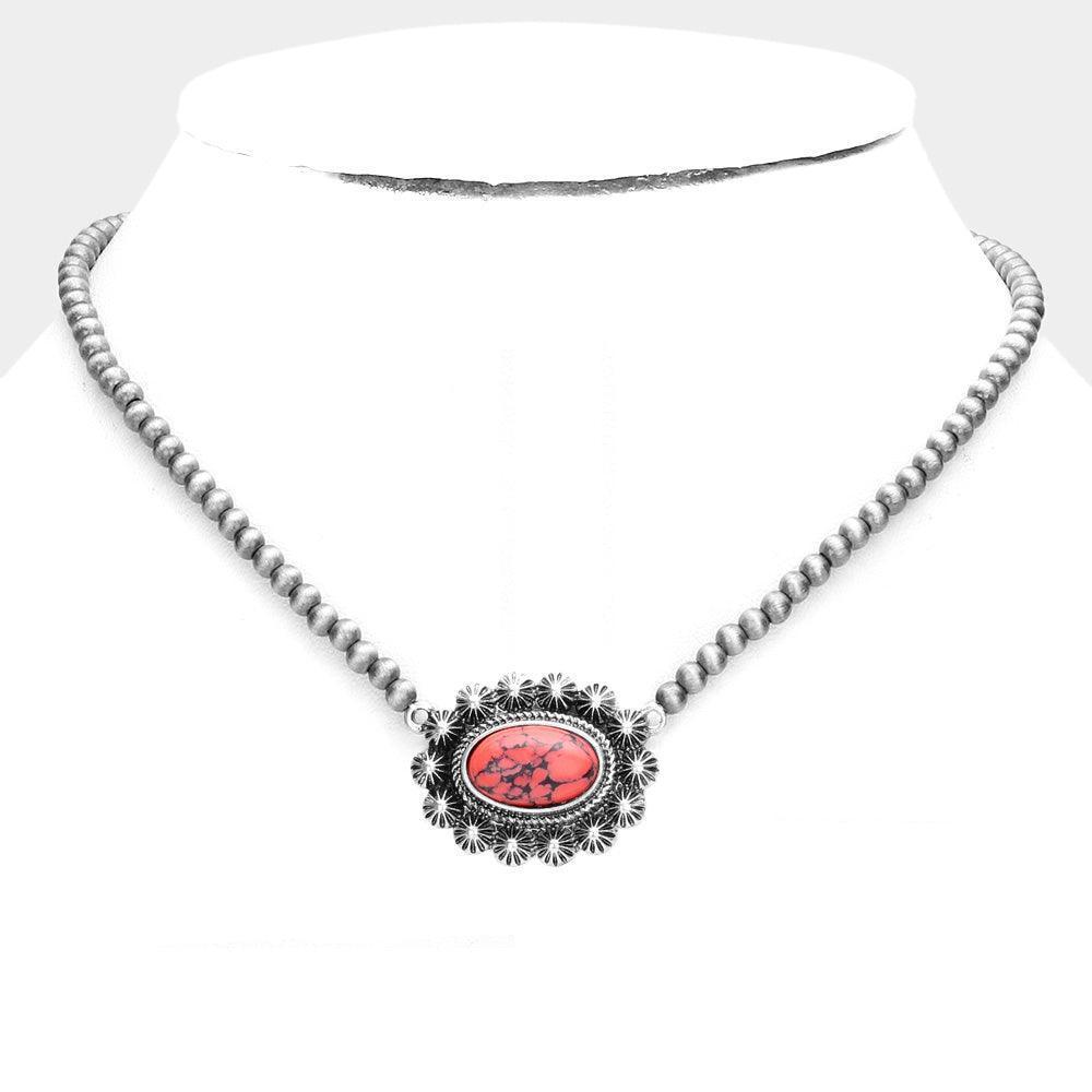 Red Oval Natural Stone Accented Pendant Necklace - Jewelry Store by Erik Rayo