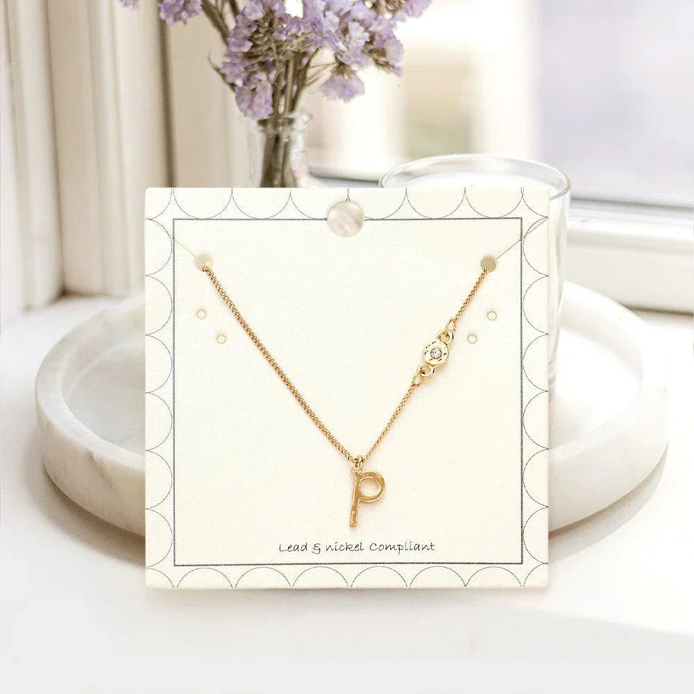 Gold 'P' small letter monogram pendant necklace with crystal - Jewelry Store by Erik Rayo