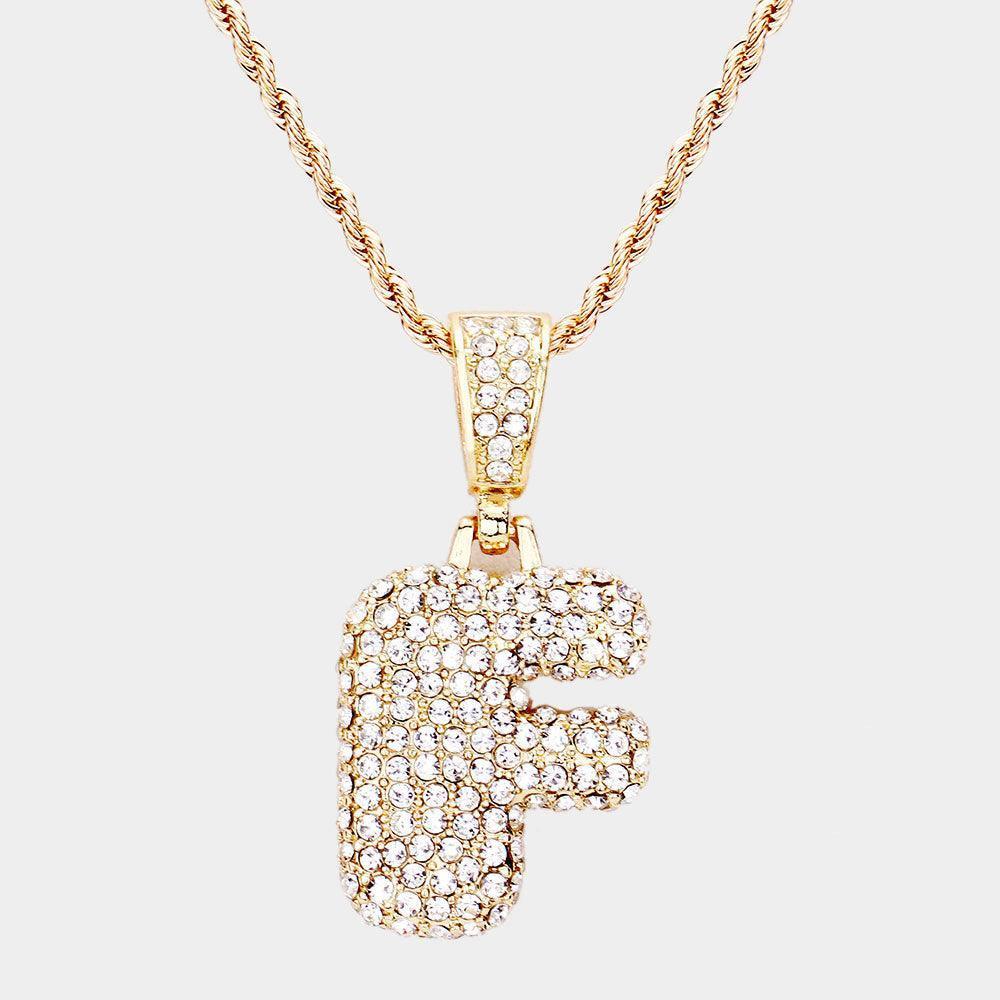 Letter F Rhinestone Monogram Pendant Brass Chain Necklace - Jewelry Store by Erik Rayo