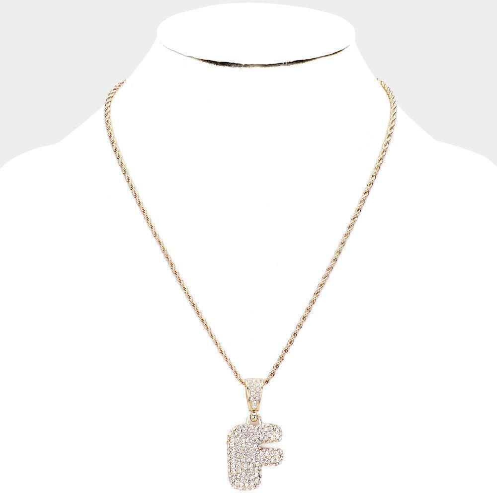 Letter F Rhinestone Monogram Pendant Brass Chain Necklace - Jewelry Store by Erik Rayo
