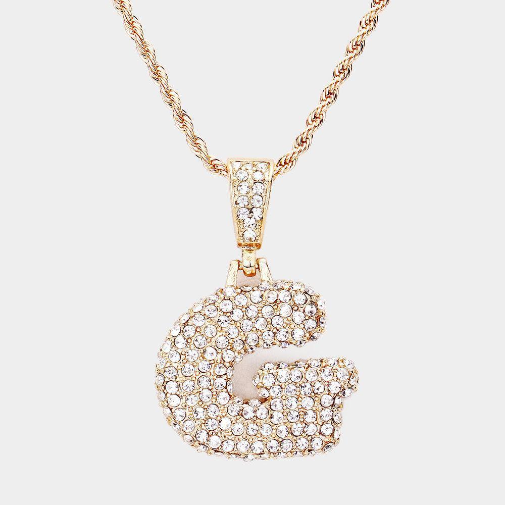 Letter G Rhinestone Monogram Pendant Brass Chain Necklace - Jewelry Store by Erik Rayo