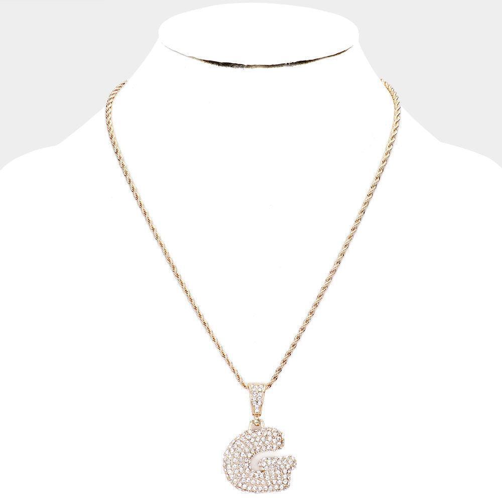 Letter G Rhinestone Monogram Pendant Brass Chain Necklace - Jewelry Store by Erik Rayo