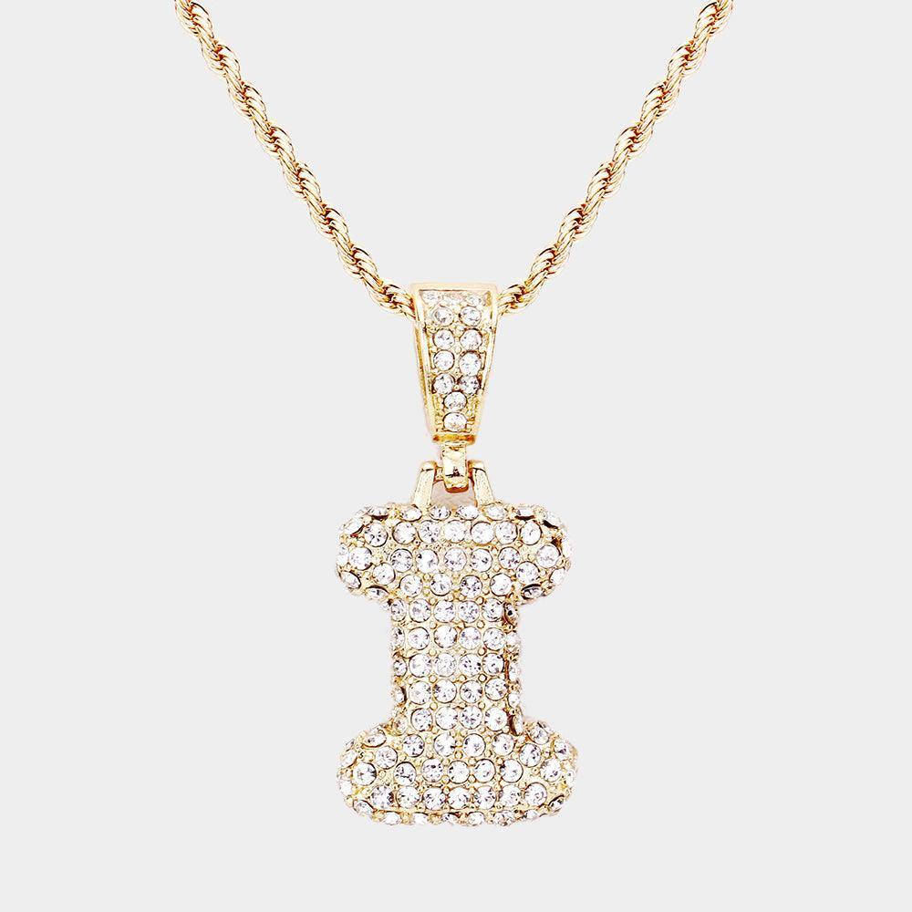 Letter I Rhinestone Monogram Pendant Brass Chain Necklace - Jewelry Store by Erik Rayo