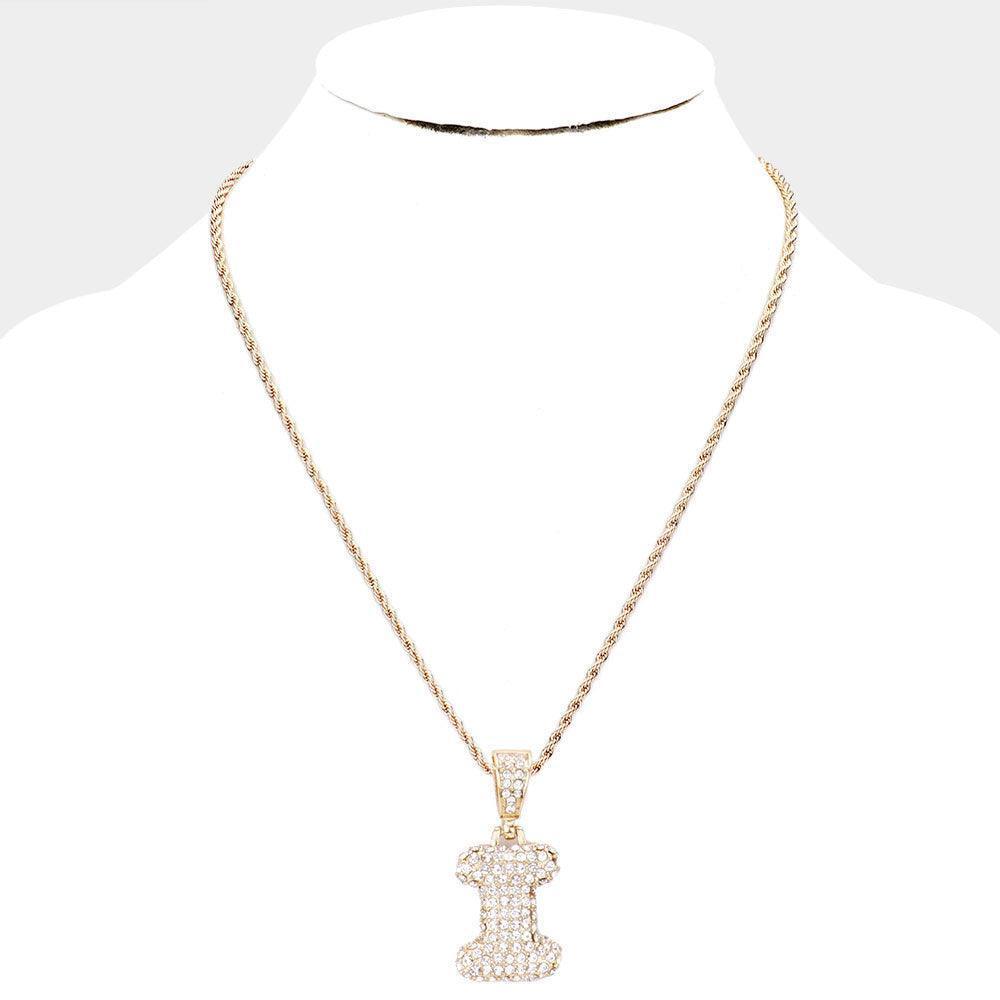 Letter I Rhinestone Monogram Pendant Brass Chain Necklace - Jewelry Store by Erik Rayo