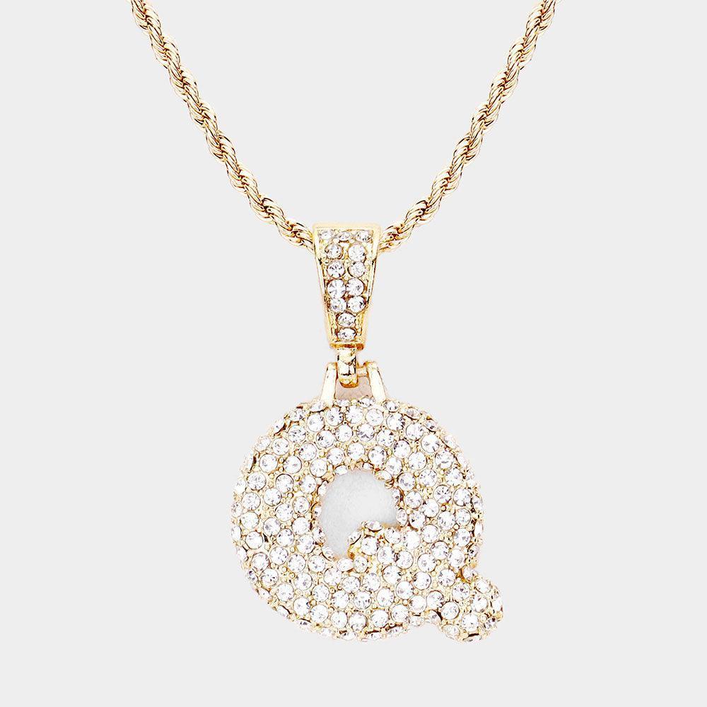 Letter Q Rhinestone Monogram Pendant Brass Chain Necklace - Jewelry Store by Erik Rayo