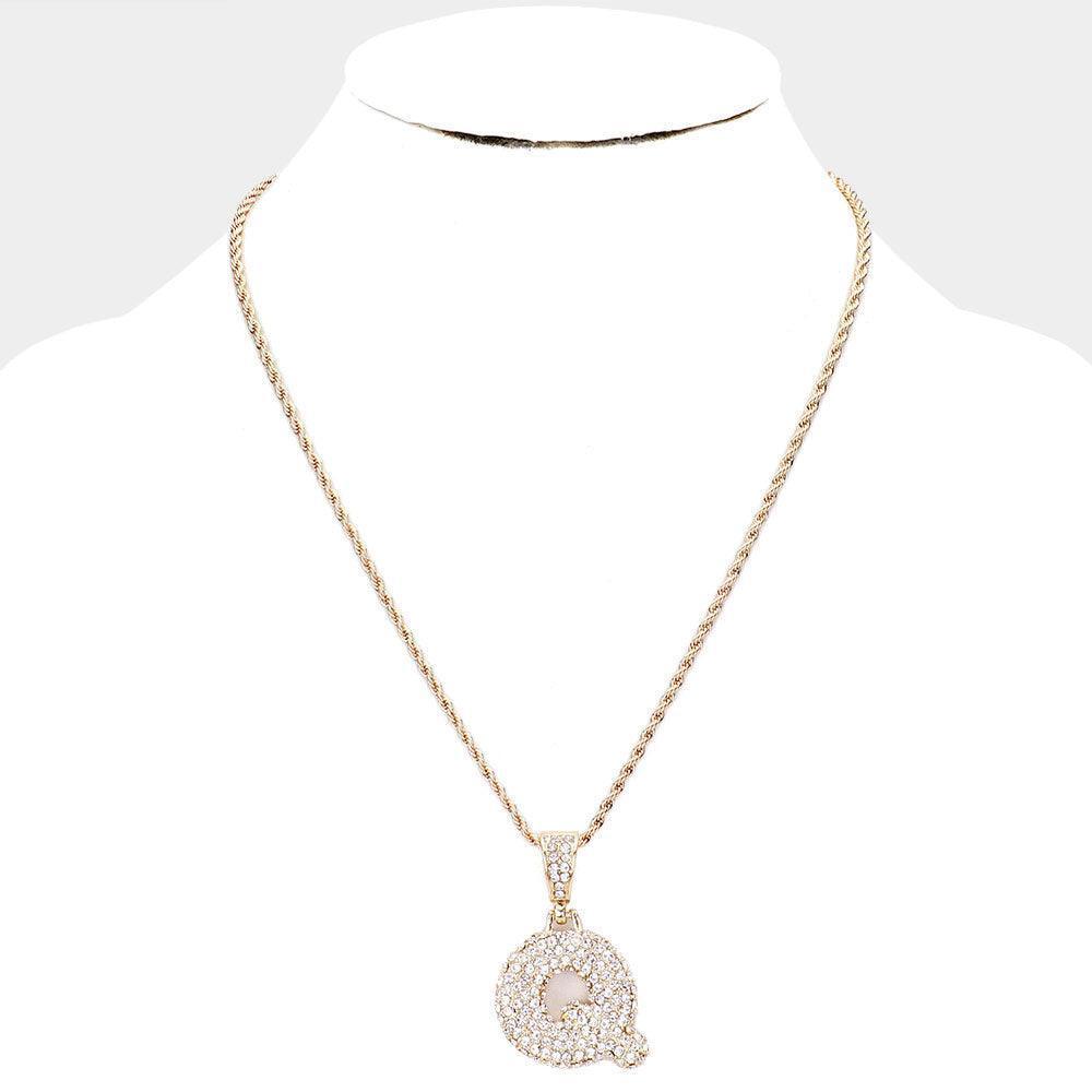 Letter Q Rhinestone Monogram Pendant Brass Chain Necklace - Jewelry Store by Erik Rayo