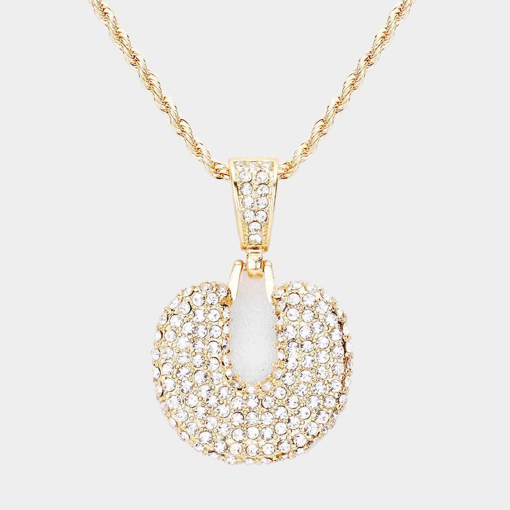 Letter U Rhinestone Monogram Pendant Brass Chain Necklace - Jewelry Store by Erik Rayo