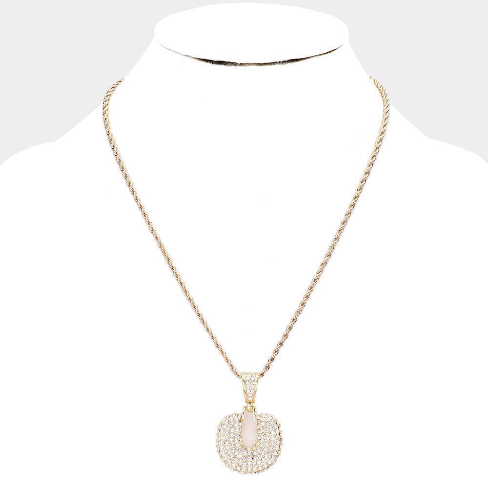 Letter U Rhinestone Monogram Pendant Brass Chain Necklace - Jewelry Store by Erik Rayo