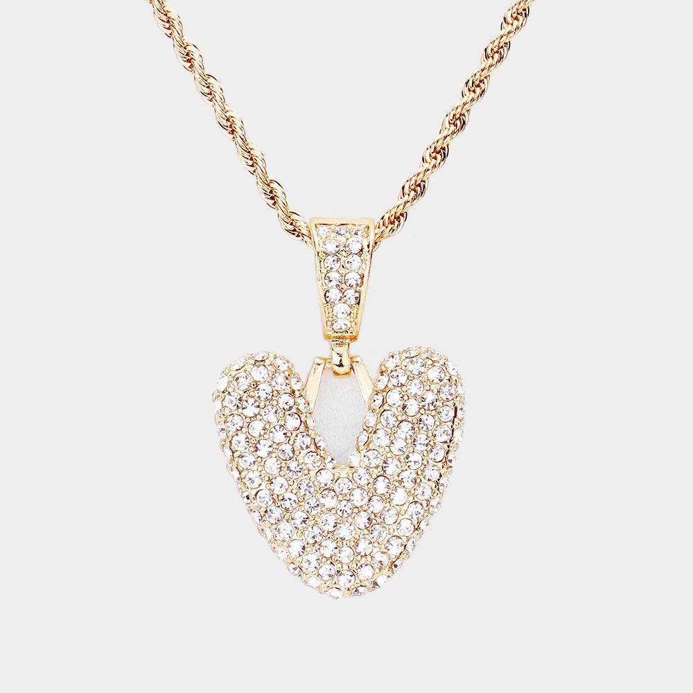 Letter V Rhinestone Monogram Pendant Brass Chain Necklace - Jewelry Store by Erik Rayo