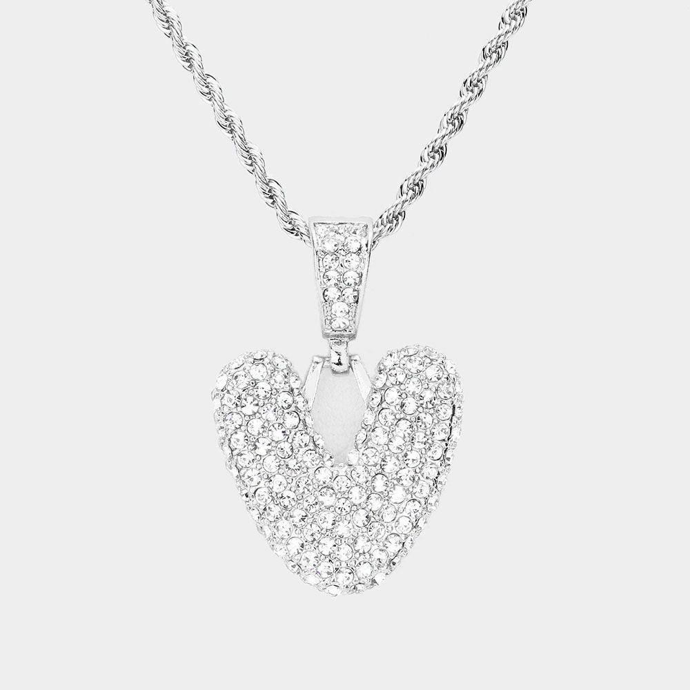Letter V Rhinestone Monogram Pendant Brass Chain Necklace - Jewelry Store by Erik Rayo