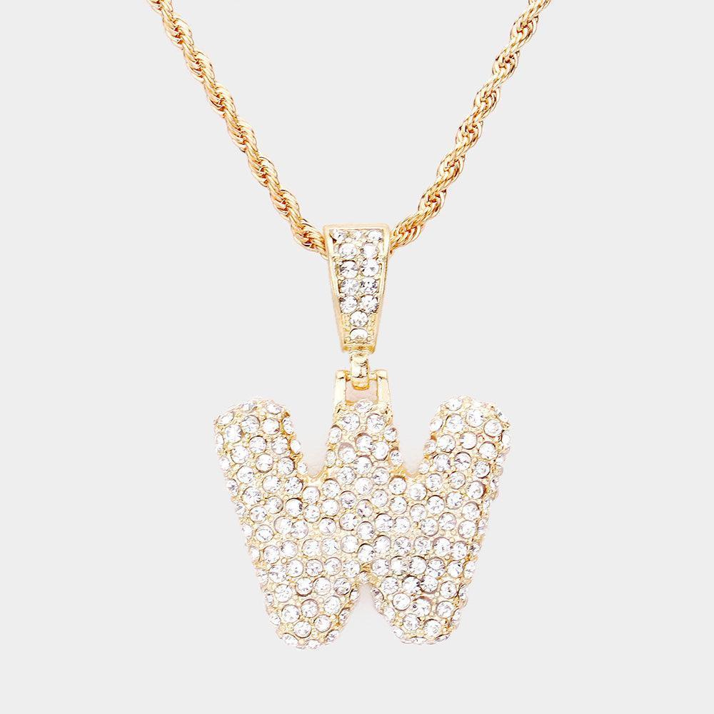 Letter W Rhinestone Monogram Pendant Brass Chain Necklace - Jewelry Store by Erik Rayo