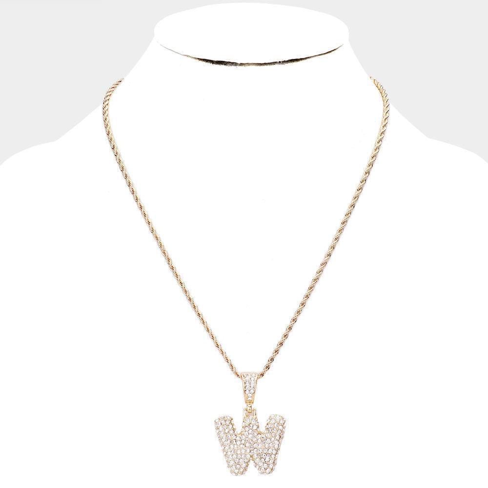 Letter W Rhinestone Monogram Pendant Brass Chain Necklace - Jewelry Store by Erik Rayo