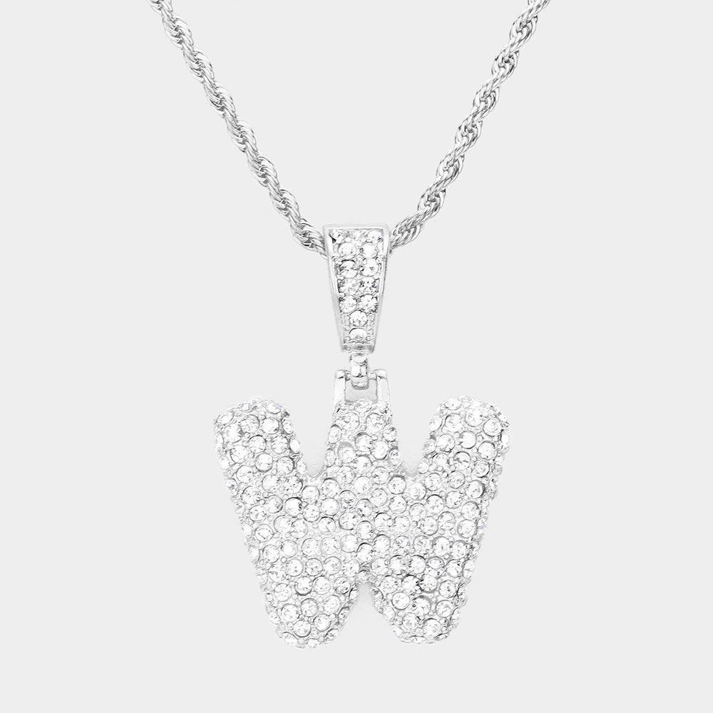 Letter W Rhinestone Monogram Pendant Brass Chain Necklace - Jewelry Store by Erik Rayo