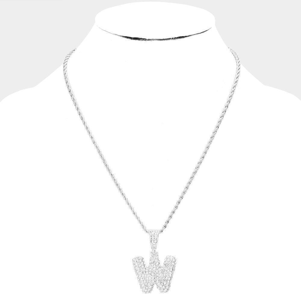 Letter W Rhinestone Monogram Pendant Brass Chain Necklace - Jewelry Store by Erik Rayo