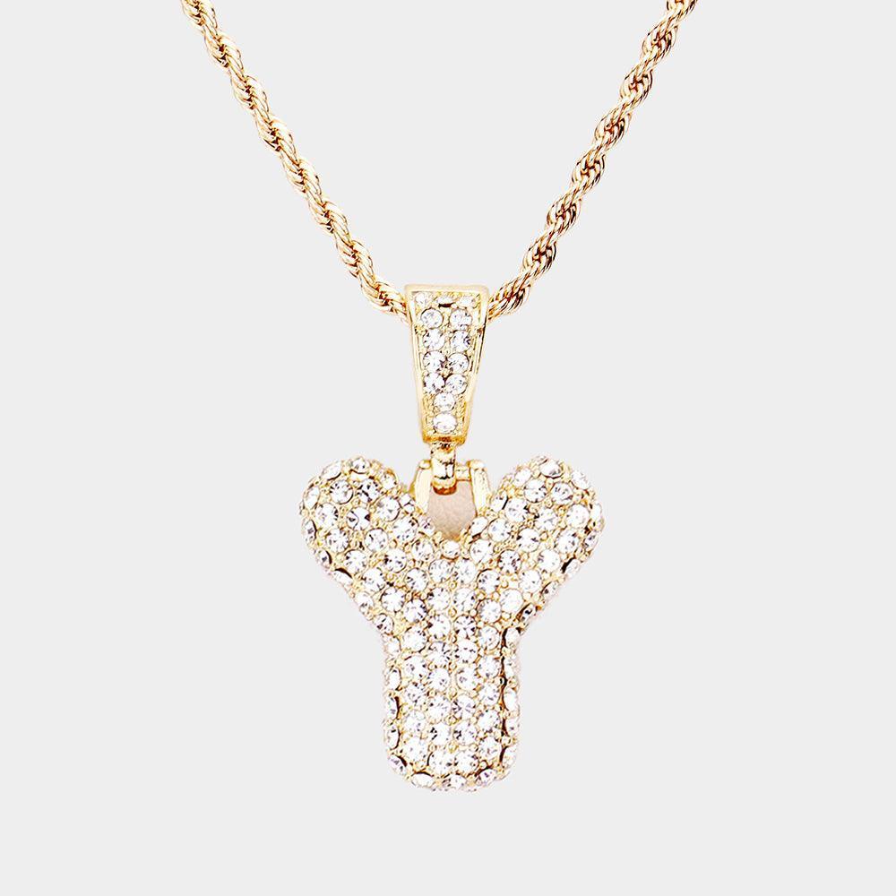 Letter Y Rhinestone Monogram Pendant Brass Chain Necklace - Jewelry Store by Erik Rayo