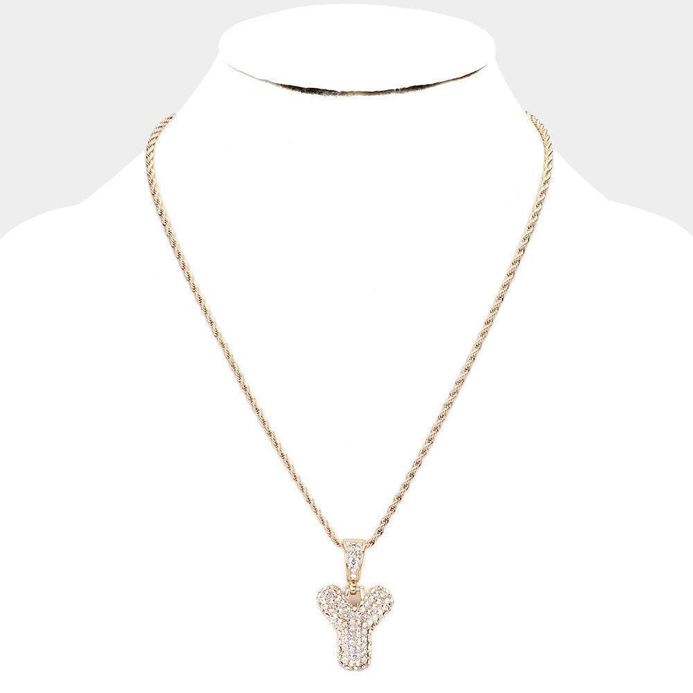 Letter Y Rhinestone Monogram Pendant Brass Chain Necklace - Jewelry Store by Erik Rayo