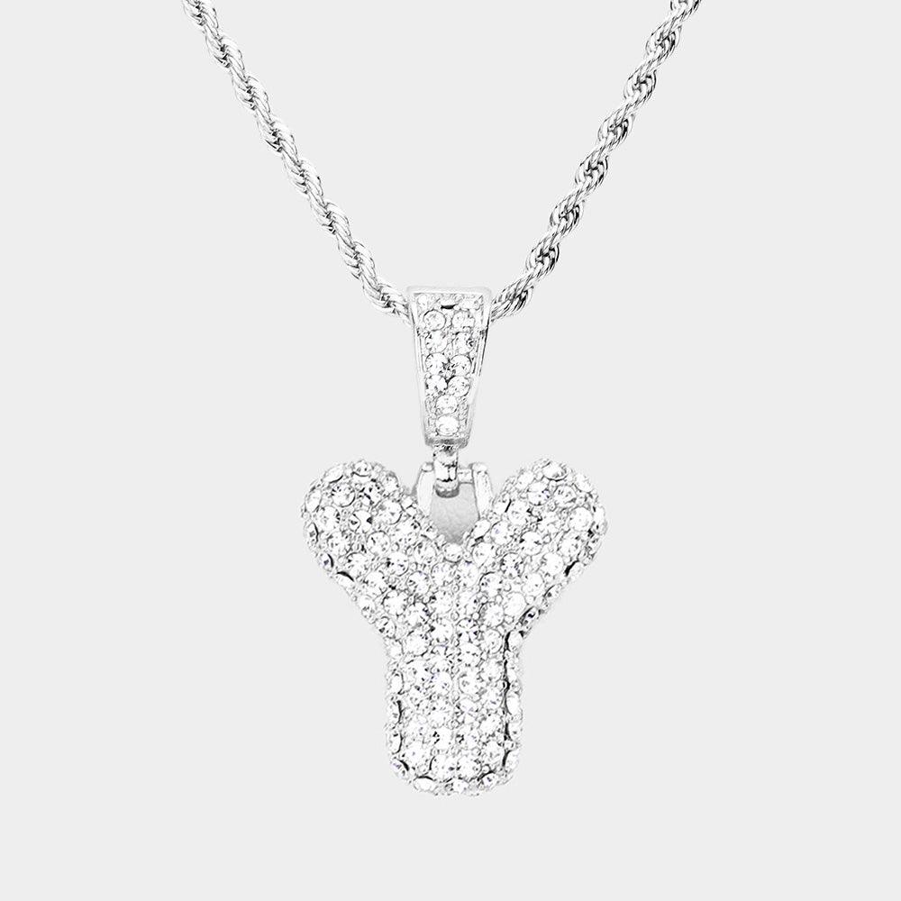 Letter Y Rhinestone Monogram Pendant Brass Chain Necklace